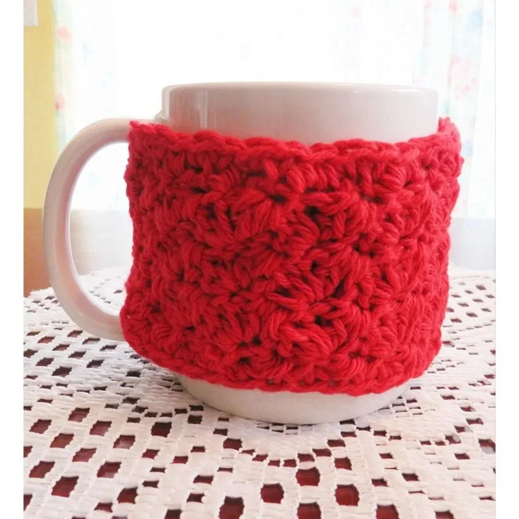 Crochet Cup Cozy Red Handmade Coffee Mug or Tea Warmer - Picture 4 of 5